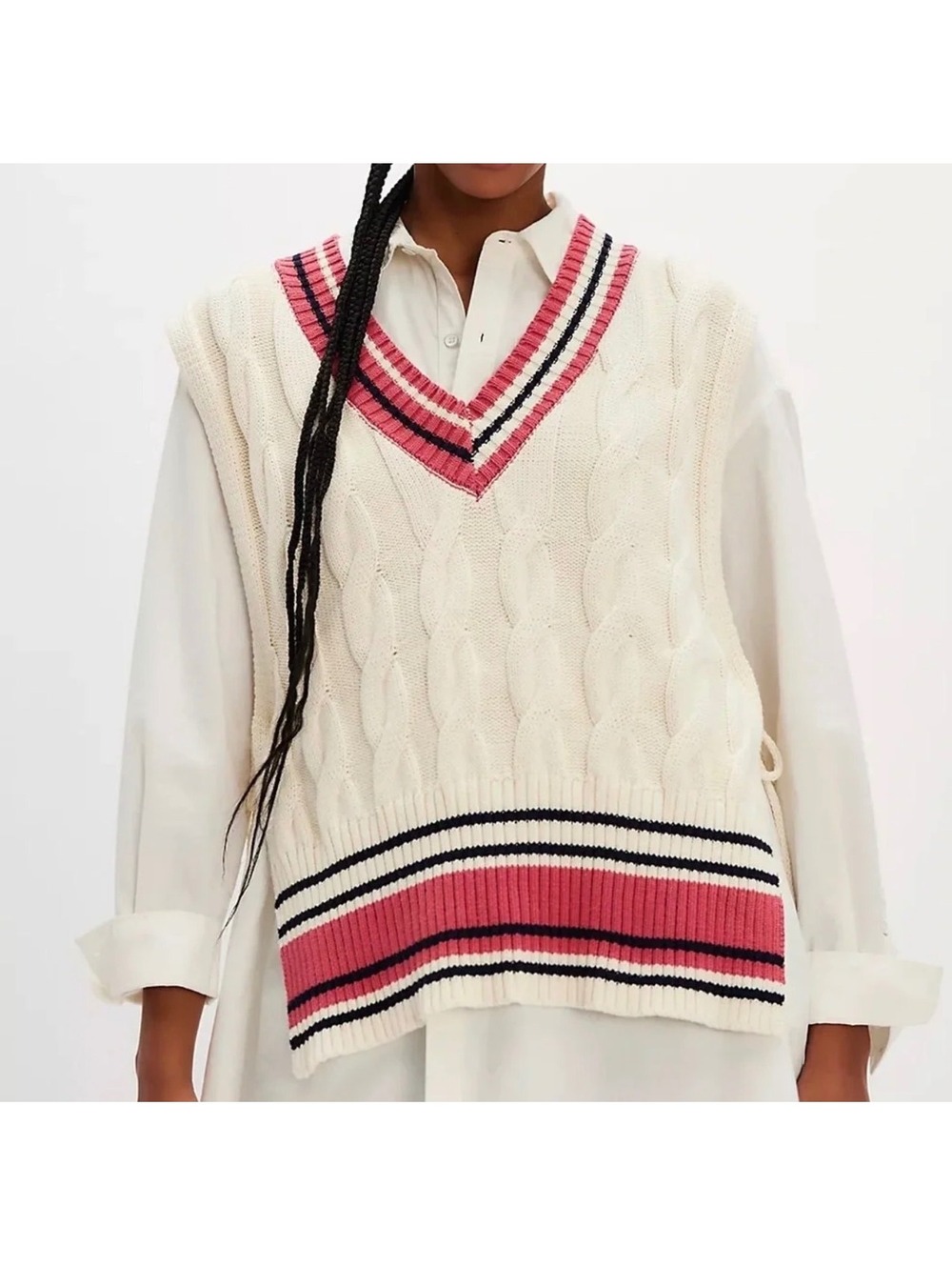 Free People Coastal Prep poncho Cable Knit Sweater Vest Dress Cream Pink OS